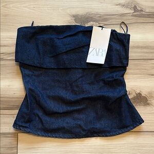 Zara Navy Denim Strapless Top